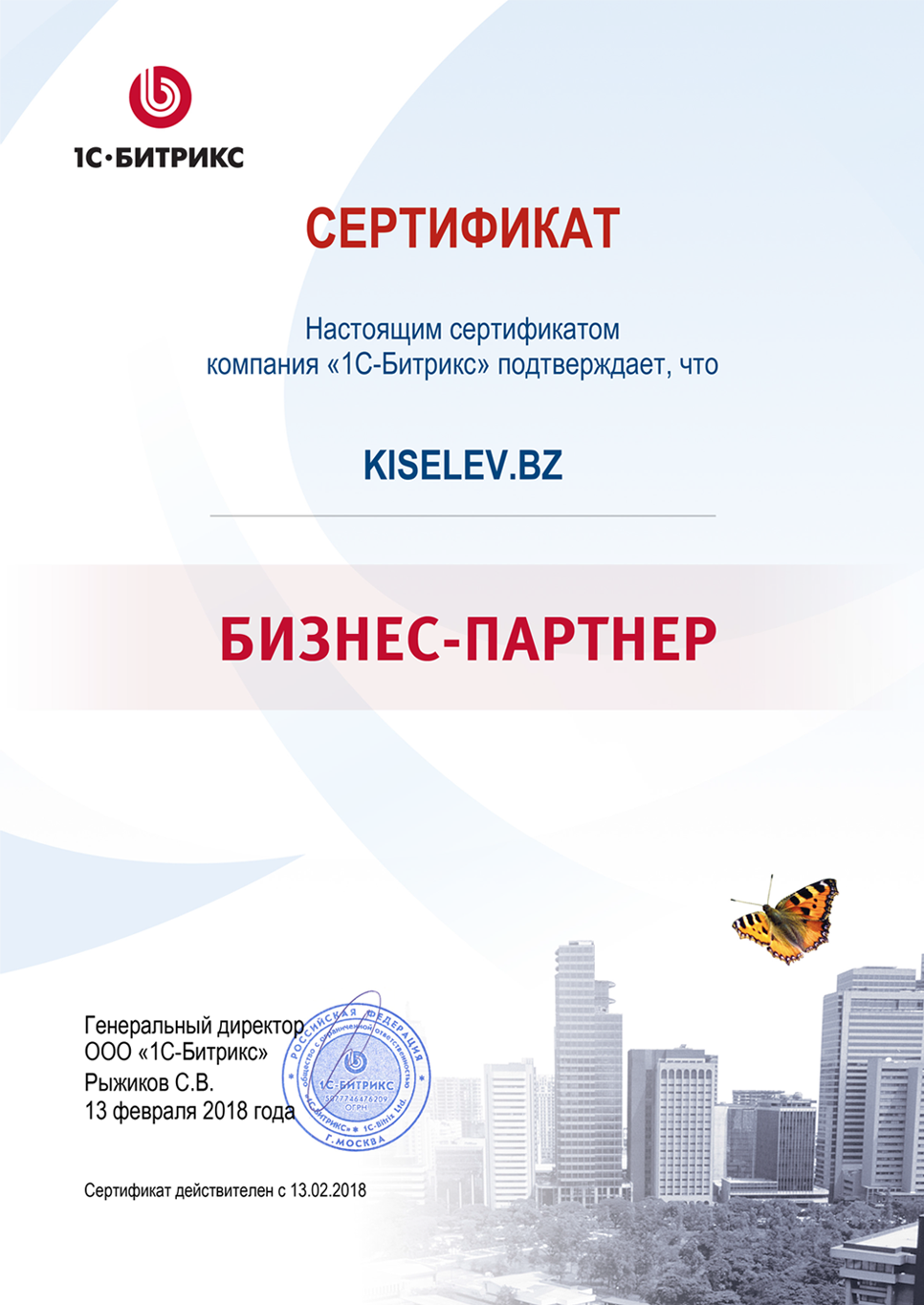 Сертификат партнёра по СРМ системам в Северо-Курильске